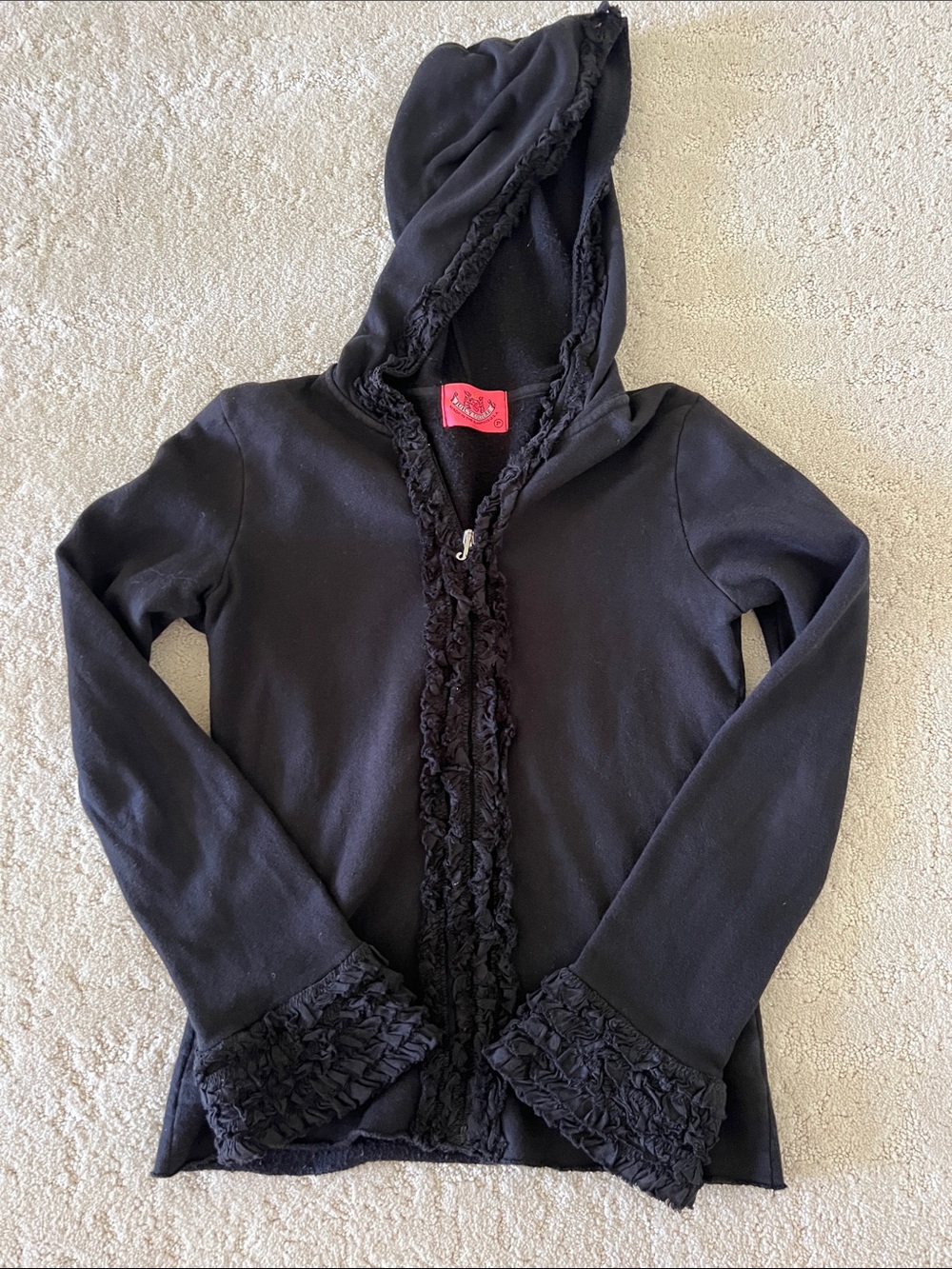 Juicy Couture Black Hooded Ruffle-Trim Zip hooded petite hoodie.